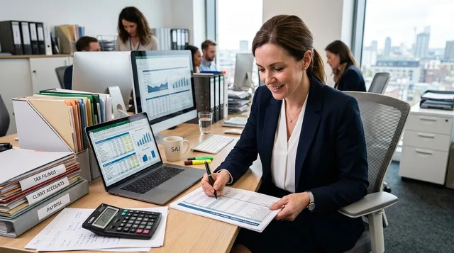 office, workplace, productivity, career growth, teamwork, corporate culture, professional life, business life, work environment, data analysis, financial reporting, spreadsheet, desktop computer, coffee cup, graphs, financial analysis, employee, work team, office routine. Accounting in England: 2027 MTD and adviser dates, plus 2028 filing changes