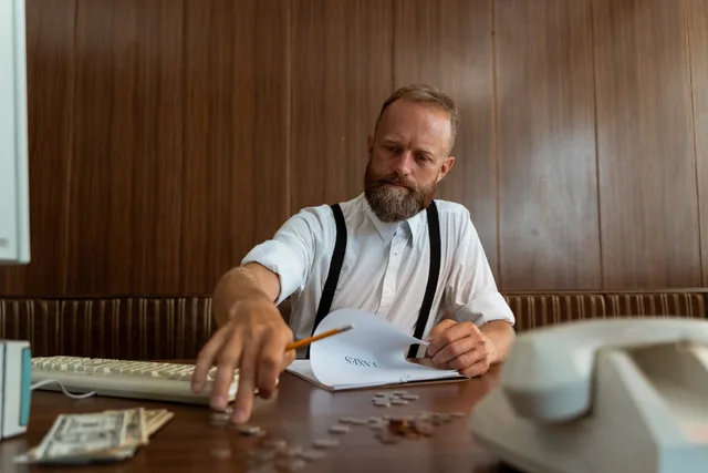 Bearded man in vintage office calculating finances with retro telephone and typewriter. Accounting services hidden costs: ten questions to ask